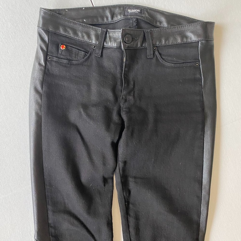 Hudson Jeans Black Denim "Leeloo" Jeans with Leather Stripe Size 27 - Picture 9 of 10